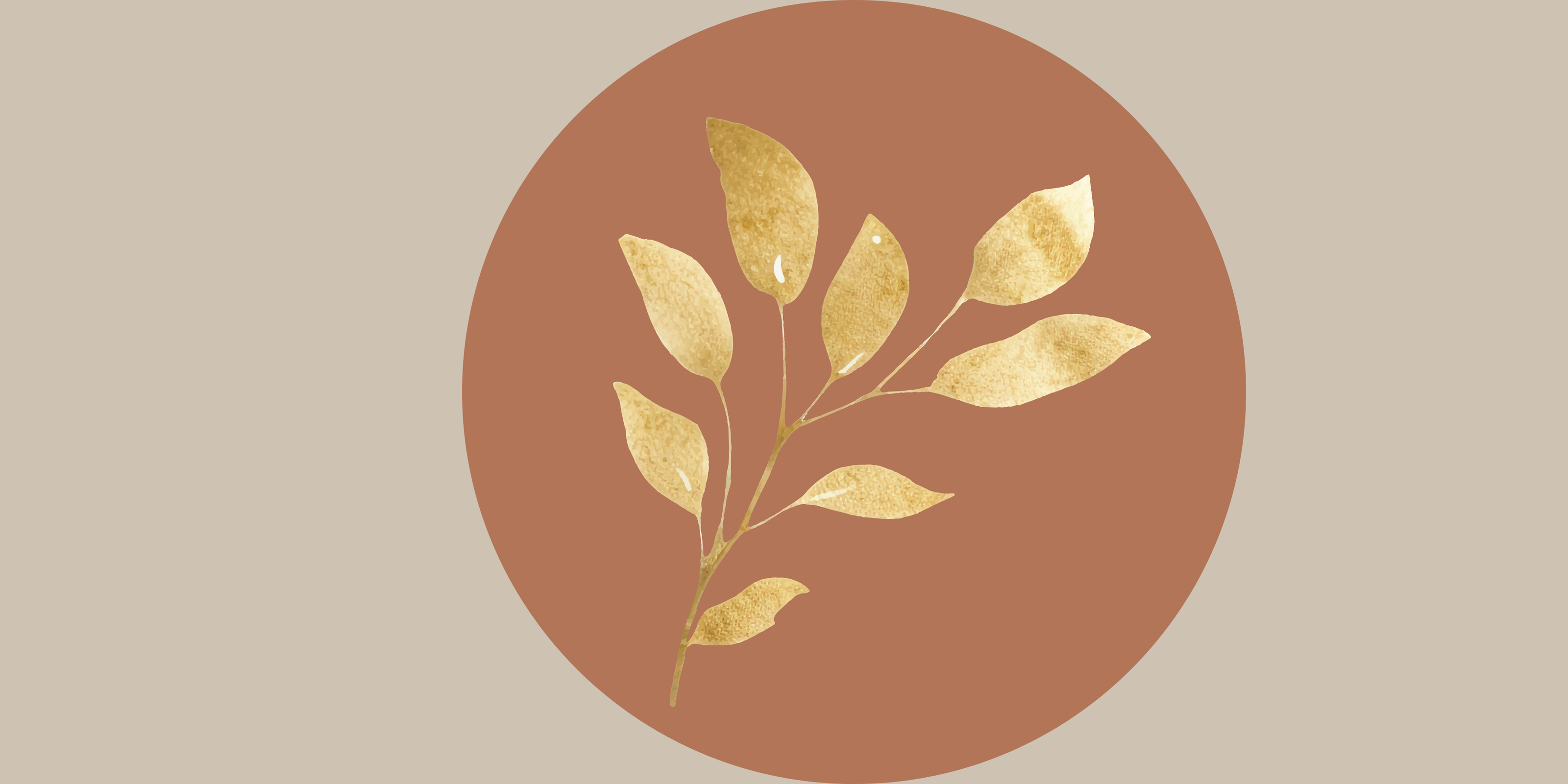 Decorative design with gold leaves on a brown circle against a beige background