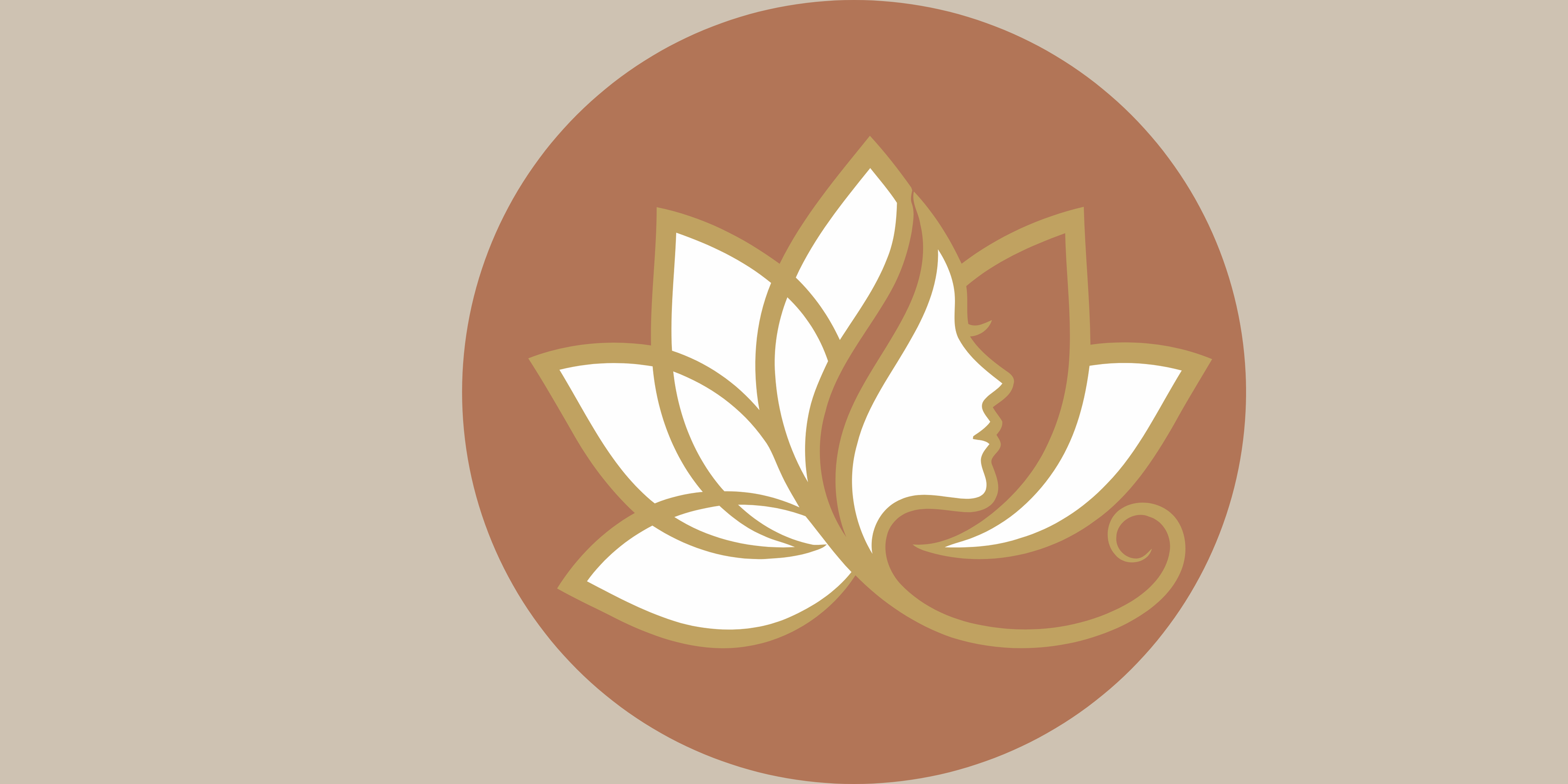 Logo with a stylized face and lotus flower on a beige background